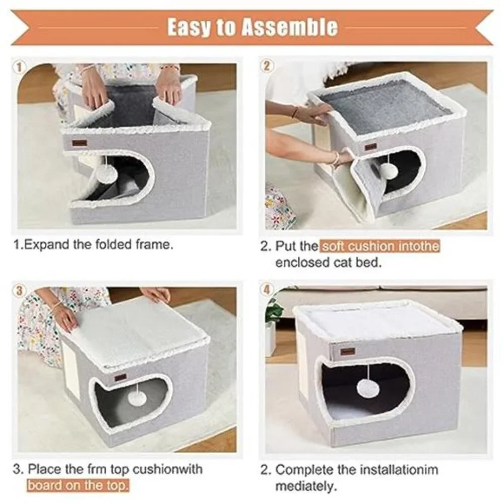 Cat Bed Cube House Covered Cat Cave Bed with Scratch Pad Toy Hideaway for Cats